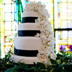 Fall Tiered Wedding Cake | Navy Ribbon Accents with Cascading Flowers