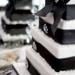 Winter Wedding Cake | Square Tiered Wedding Cake with Black Ribbon and Gem Accents