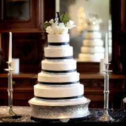 Wedding Cake Inspiration | White Five-Tiered Wedding Cake with Black Ribbon