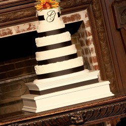 Wedding Cake Inspiration | White Five-Tiered Wedding Cake with Black Ribbon and Monogram
