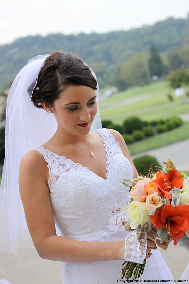 Fall Bride Portrait | White Lace Dress. Orange and White Bouquet