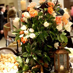 Fall Wedding Reception Table Centerpiece | White and Orange Roses, Brass Lantern