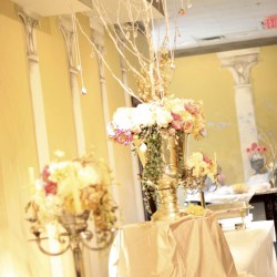 Spring Formal Cinderella Wedding | Table Candelabra with Pink and White Roses