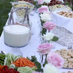 Outdoor Spring Wedding Reception Food Table | Pink and White Rose Centerpieces