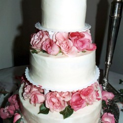 Summer Round Tiered Wedding Cake with Pink Rose Layers