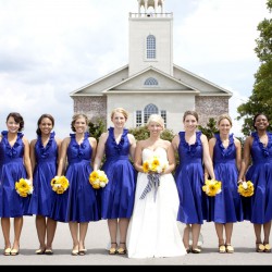 Summer Wedding Navy Cocktail Bridesmaid Dresses | Sunflower Yellow Bouquet