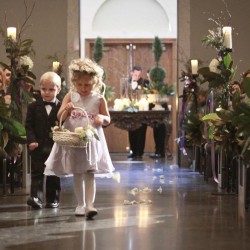 Winter Wedding Aisle Decorations | White Flower Girl Dress with flower Crown and Black Ring Bearer Tux