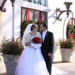 Winter Wedding Bride | White Cinderella Dress with Fur and Red Bouquet