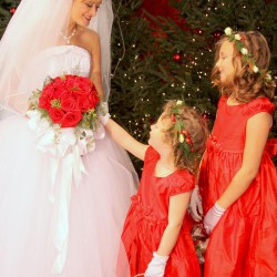 Winter Wedding Color Inspiration | Red Flower Girl Dresses with White Rose Flower Crown