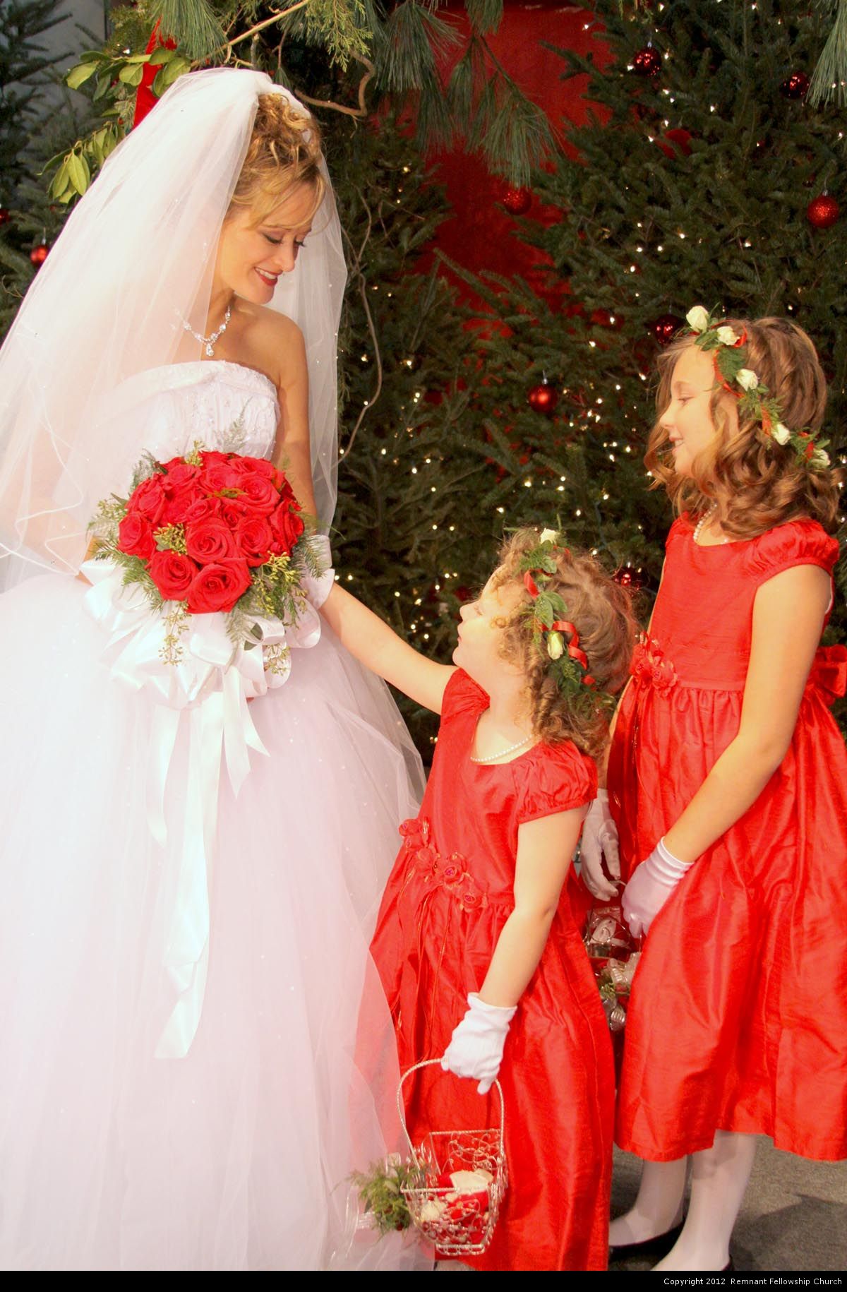 Winter Wedding Color Inspiration | Red Flower Girl Dresses with White Rose Flower Crown