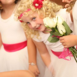 Spring Wedding Flower Girls | White Tule Skirts, White Top and Hot Pink Sash