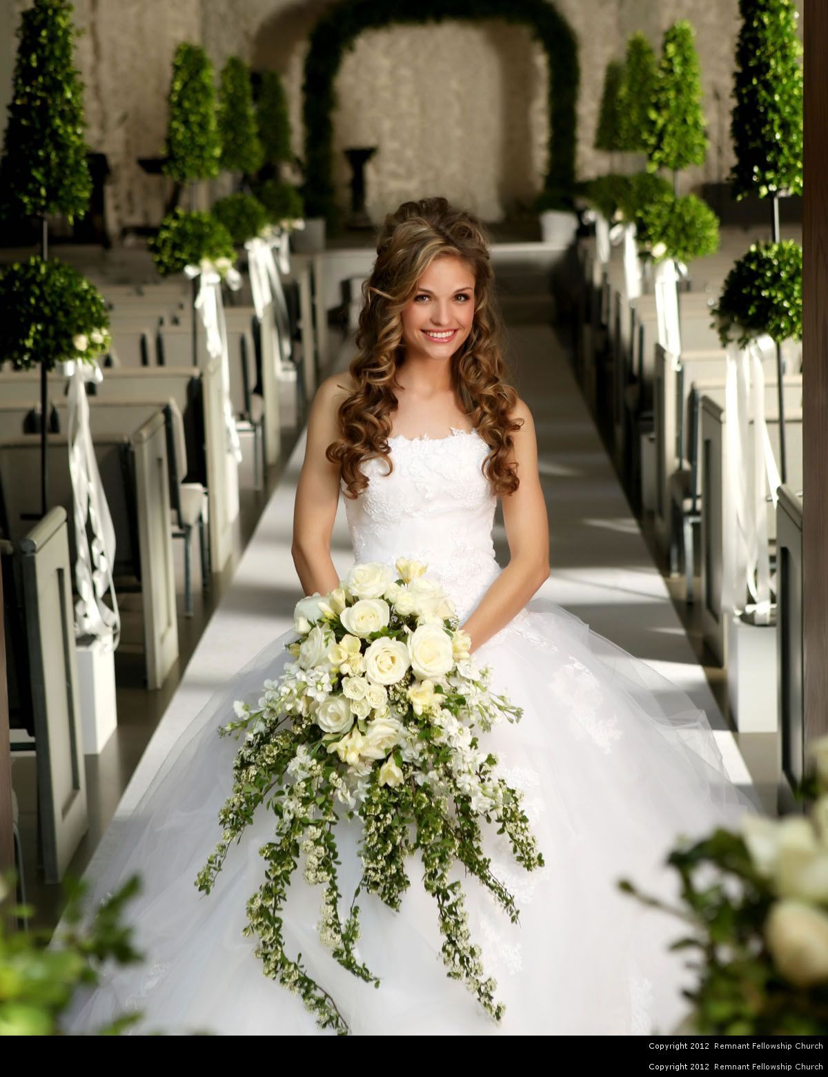 Spring Bride with Cascading Ivy and White Rose Bouquet