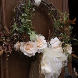 Rustic Fall Wedding Entry Decorations | Branch Wreath and Greenery with White Roses and Burlap, Tule Bows