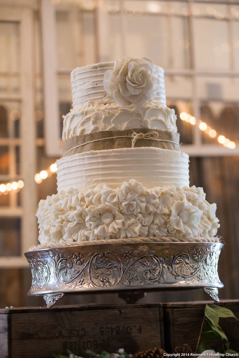 Rustic Fall Wedding Cake | White Tiered Wedding Cake with Ruffles and Burlap Accents