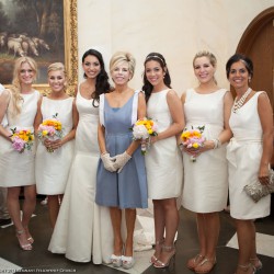 Summer Wedding Bridesmaid Dresses. Baby Blue Cocktail Dresses with White and Orange Bouquets