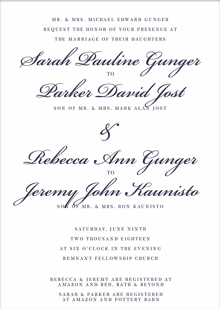 Gunger-Jost and Gunger-Kaunisto Remnant Fellowship Wedding Invitation