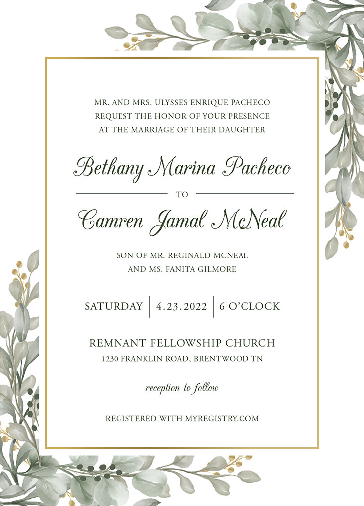 Pacheco-McNeal Remnant Fellowship Wedding Invitation