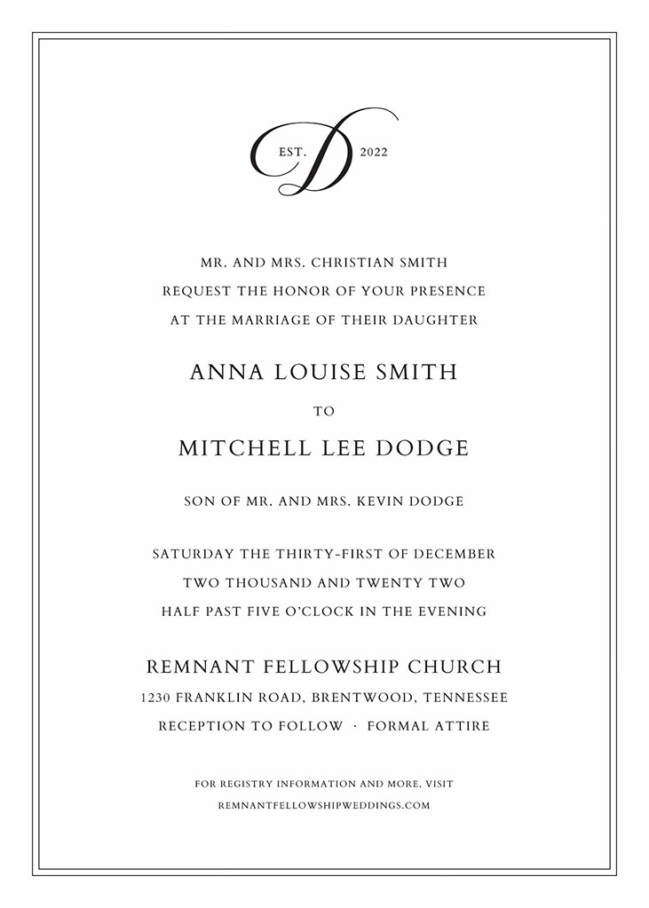 Smith-Dodge Remnant Fellowship Wedding Invitation