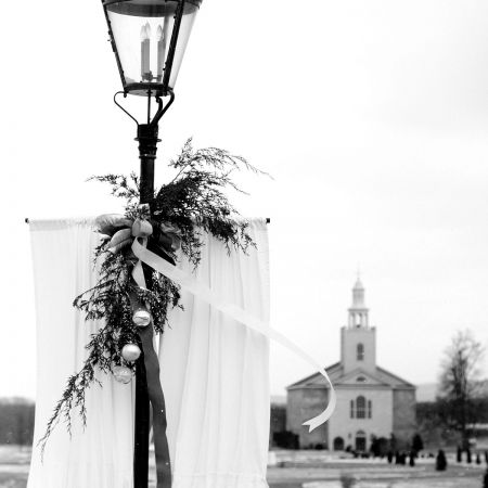 Winter Wedding Outside Decoration | Lantern with White Linen Banner