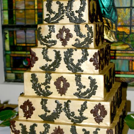 Fall Formal Seven-Tiered Wedding Cake | Gold with Olive Wreath Accents