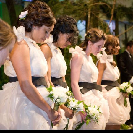 White Cocktail Bridesmaid Dresses with Black Sash