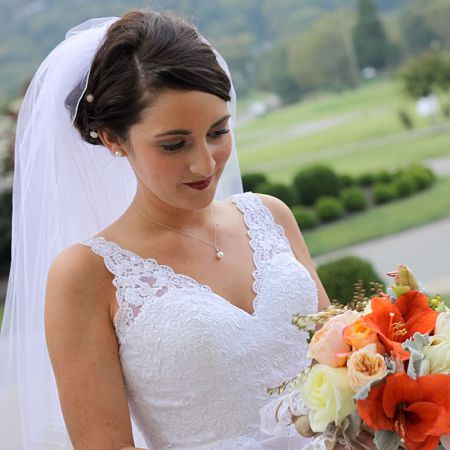 Fall Bride Portrait | White Lace Dress. Orange and White Bouquet
