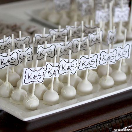 White Cake Pop Wedding Dessert | Bride and Groom Monogram. Wedding Cake, Cake Pops