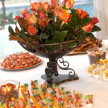 Fall Wedding Reception Centerpiece | Bronze Centerpiece with Orange Roses