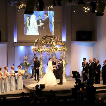 Dalgarn/Day Covenant Wedding Spring Wedding Chuppah | White Iron Round Chuppah with White and Pink Flowers