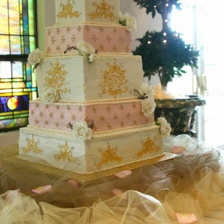 Spring Square Tiered Wedding Cake | Pink, Ivy, and Gold