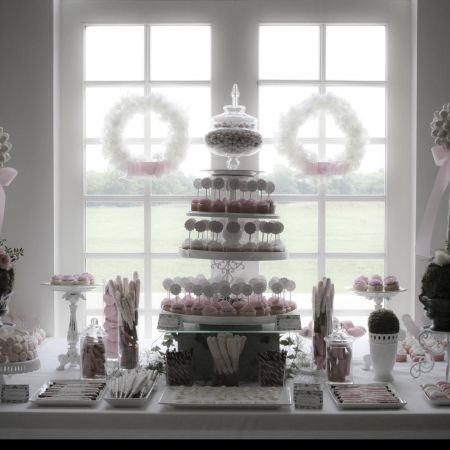 White and Pink Spring Wedding Dessert Table Decoration