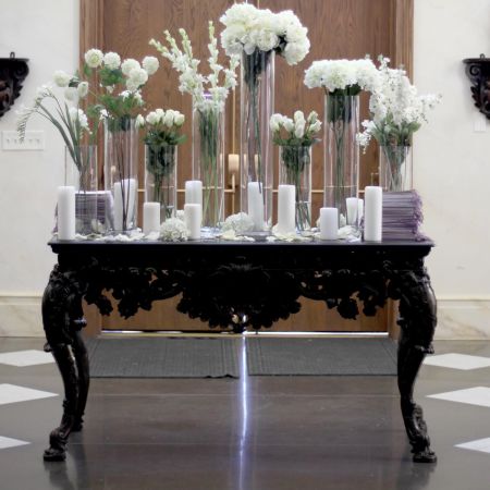 Summer White Wedding Color Inspiration | White Roses in Glass Vases, Sanctuary Decorations