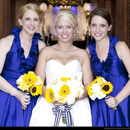 Sheridan/Blair Covenant Wedding Summer Wedding Navy Cocktail Bridesmaid Dresses | Sunflower Yellow Bouquet