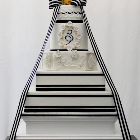 Sheridan/Blair Covenant Wedding Summer Wedding Cake | Navy and White Wedding Cake with Ribbon Topper and Rosette Fondant