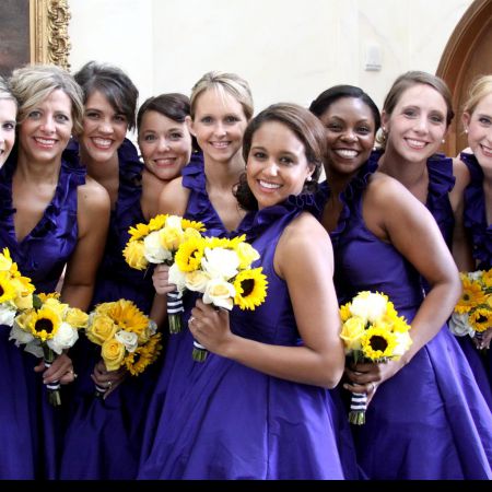 Sheridan/Blair Covenant Wedding Summer Wedding Navy Cocktail Bridesmaid Dresses | Sunflower Yellow Bouquet