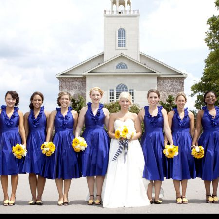 Sheridan/Blair Covenant Wedding Summer Wedding Navy Cocktail Bridesmaid Dresses | Sunflower Yellow Bouquet