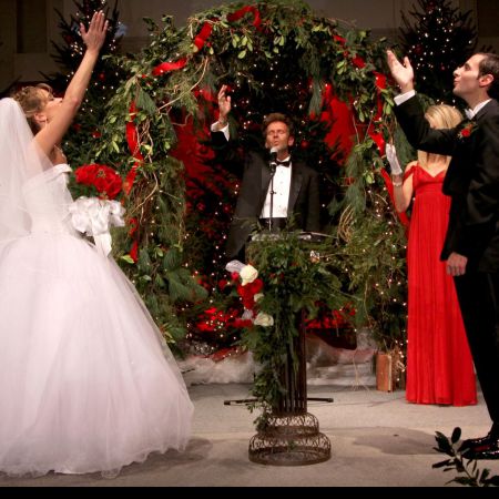 Ormaza/Elam Covenant Wedding Winter Wedding Color Inspiration | Red and White | Pine and Greenery Stage Decorations