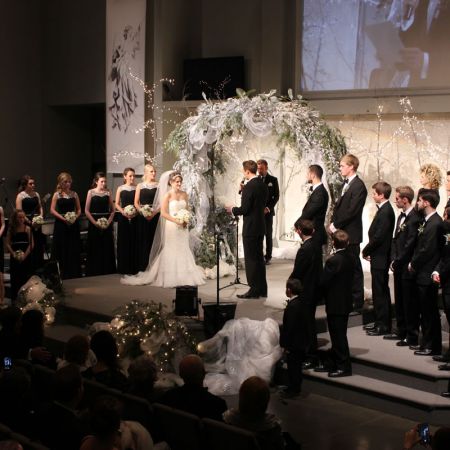 Winter Wedding Chuppah | Traditional Chuppah with Twinkle Lights, Pine, and Silver Accents