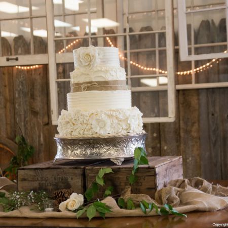 Leaman/Eldeen Covenant Wedding Rustic Fall Wedding Cake | White Tiered Wedding Cake with Ruffles and Burlap Accents