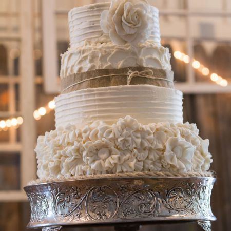 Rustic Fall Wedding Cake | White Tiered Wedding Cake with Ruffles and Burlap Accents