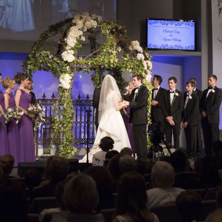 Day/Whitney Covenant Wedding Summer Wedding Chuppah | Round Metal Chuppah Covered in Greenery and Ivy with Rose Accents
