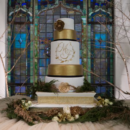 Burns/Peters Covenant Wedding Gold Tiered Fall Wedding Cake | Monogram, Golden Ribbon Accent