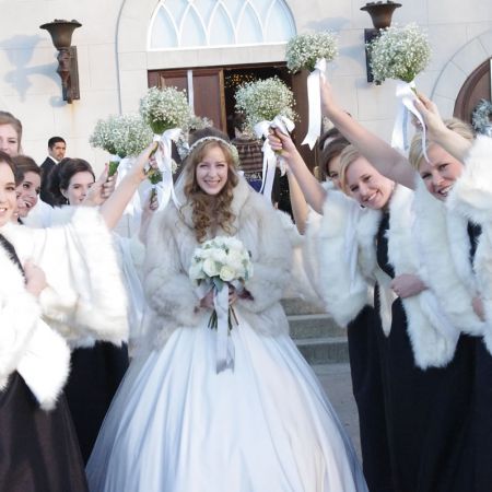 Day/Ancona Covenant Wedding Formal Winter Wedding Bridesmaid Portrait | Black Bridesmaid Dresses with White Fur Shaw