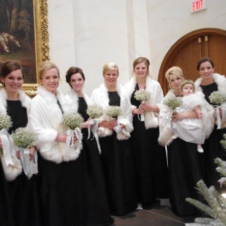 Formal Winter Wedding Bridesmaid Portrait | Black Bridesmaid Dresses with White Fur Shaw