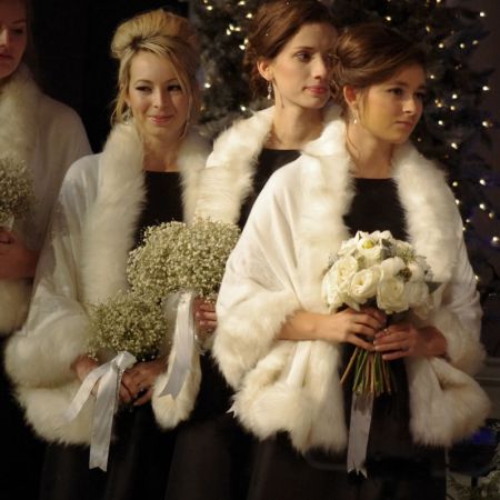 Formal Winter Wedding Bridesmaid Portrait | Black Bridesmaid Dresses with White Fur Shaw