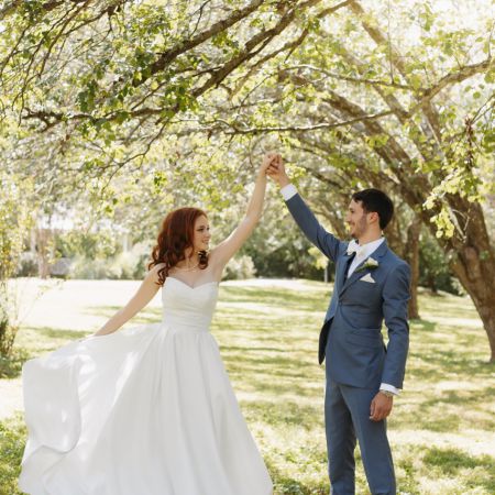 Weaver/Purdy Covenant Wedding Satin Ball gown wedding dress with a V-Bar neckline