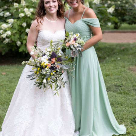 Rector/Wingerd Covenant Wedding Rector/Wingerd Remnant Fellowship Wedding-- Green Spring Bridesmaid dress with off the shoulder sleeves