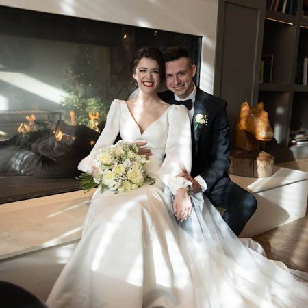 Dodge/Smith Remnant Fellowship Wedding Winter Bride Satin V neck Wedding dress with Bishop Sleeves