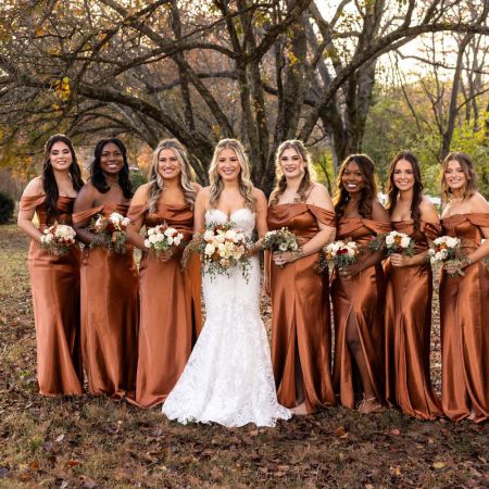 Strong/VanHuis Covenant Wedding Strong/VanHuis Remnant Fellowship Wedding- Off the shoulder rust orange bridesmaid dresses or Fall Wedding