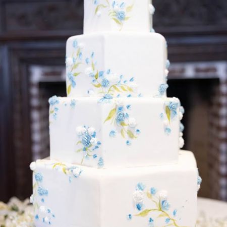 Dunn/Fischer Remnant Wedding- Square Tired Wedding Cake with intricate white and blue piped flowers by Remnant Cake Committee